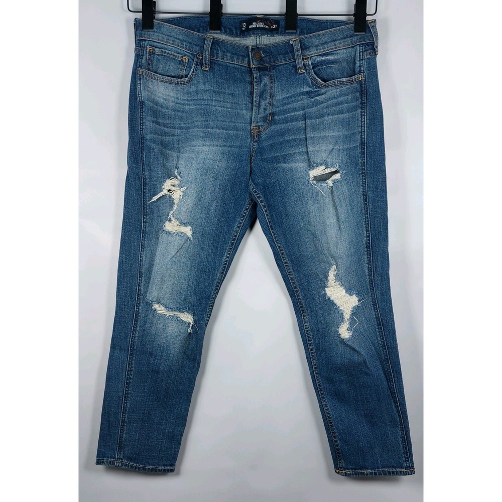 Hollister Vintage Boyfriend Jeans Sz 13 Distressed Straight Leg Mid-Rise Button